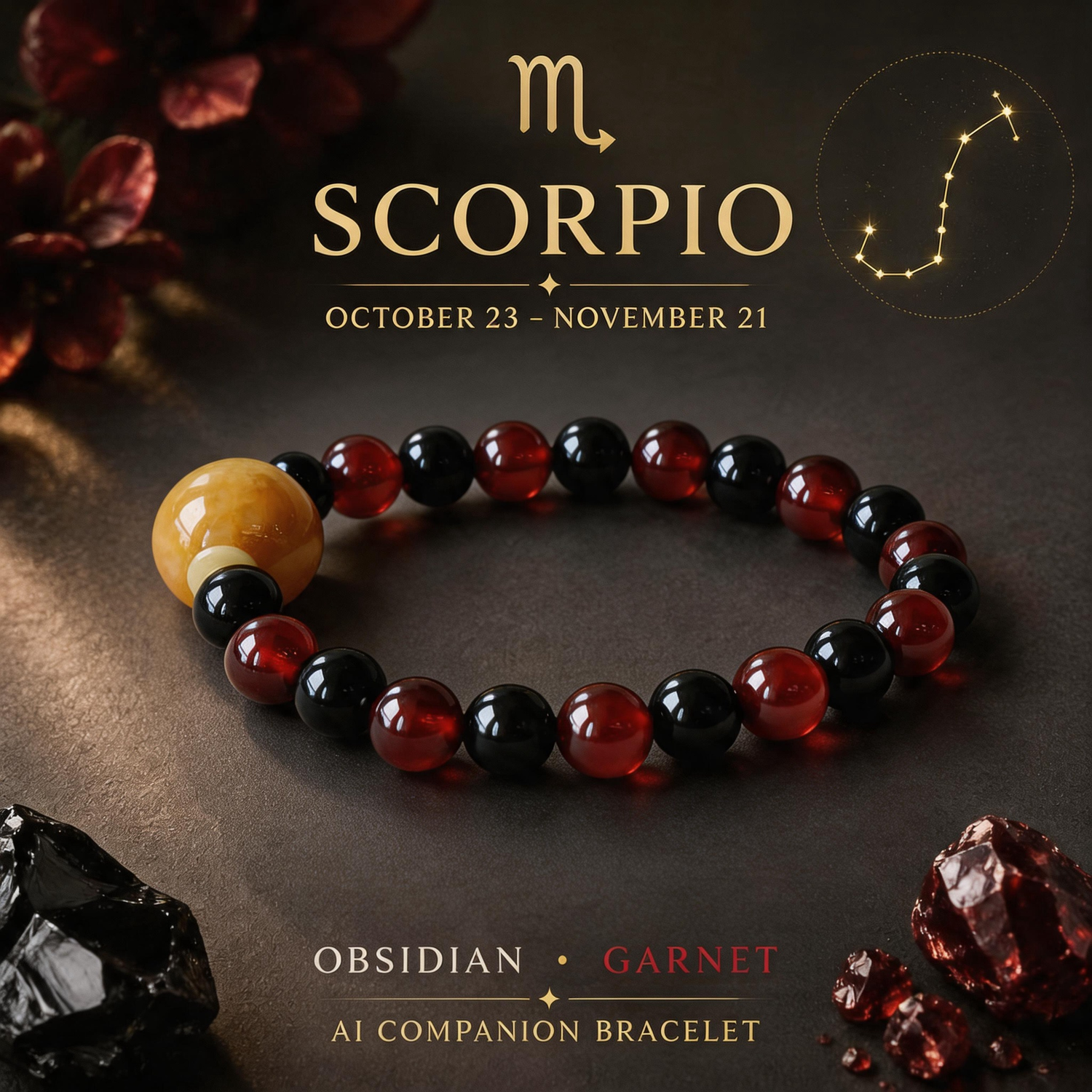 Scorpio zodiac crystal bracelet with Obsidian and Garnet AI Companion Core