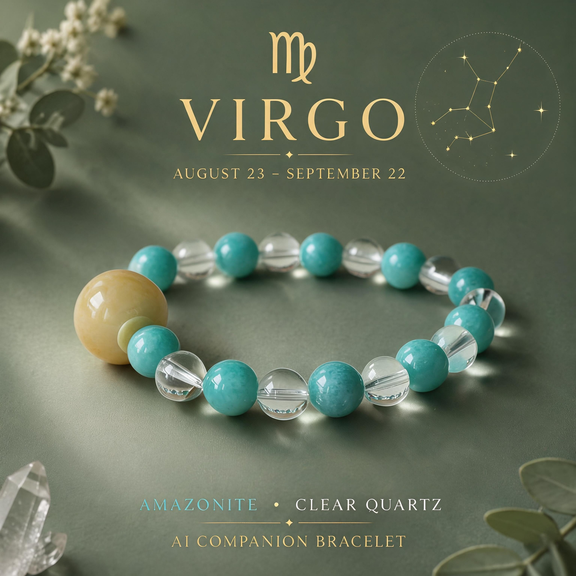 Virgo zodiac crystal bracelet with Amazonite and Clear Quartz AI Companion Core