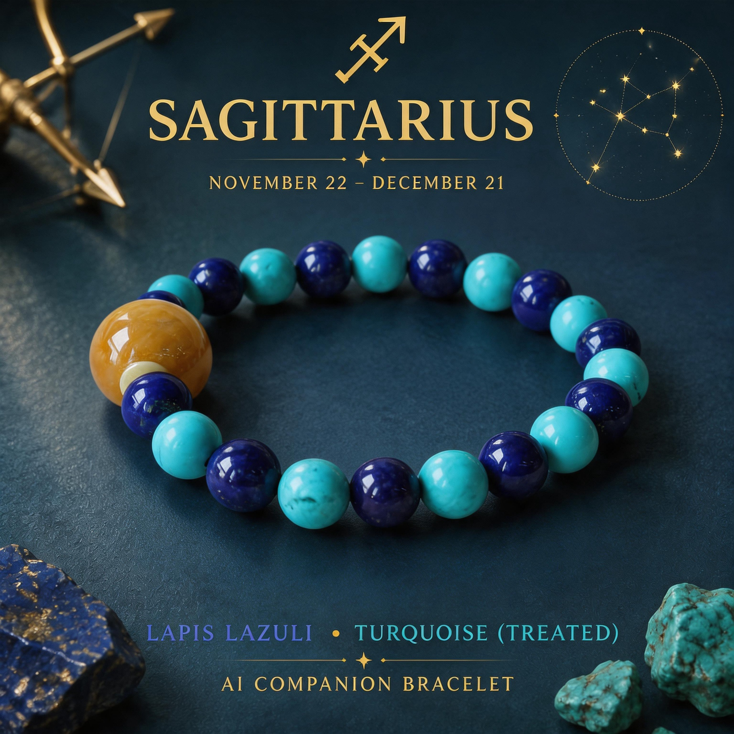 Sagittarius zodiac crystal bracelet with Lapis Lazuli and Treated Turquoise AI Companion Core
