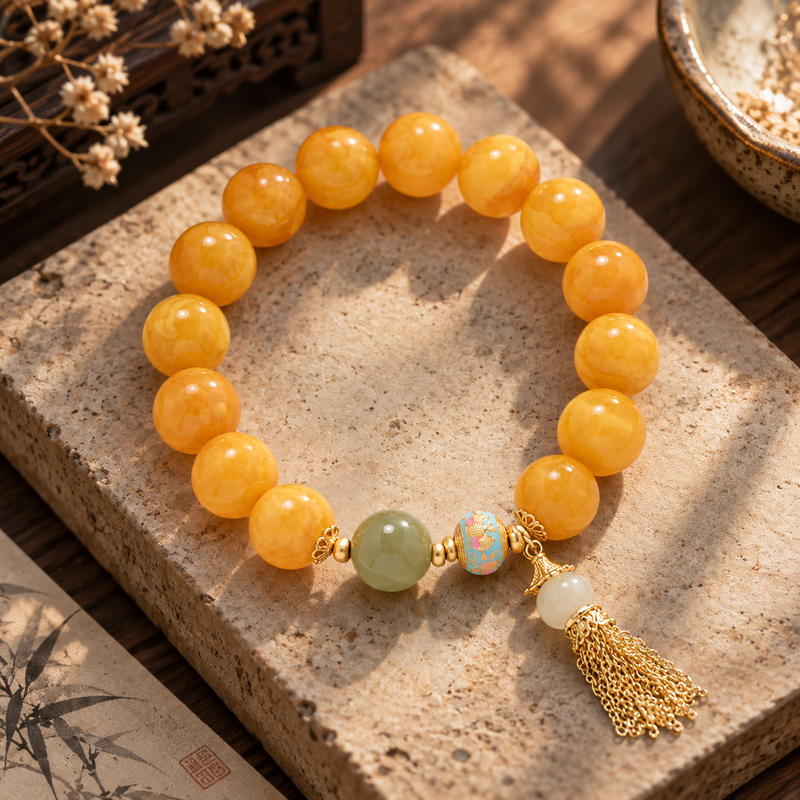 Amber tassel bracelet with jade and gold-plated copper details