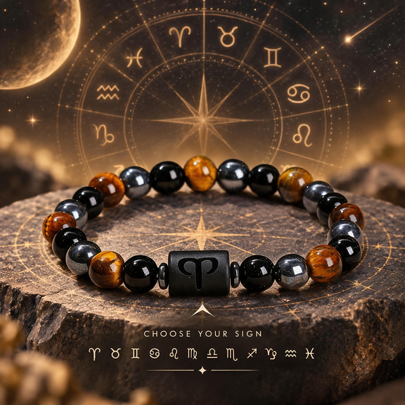 Tiger’s Eye and black hematite zodiac bracelet with astrology symbols