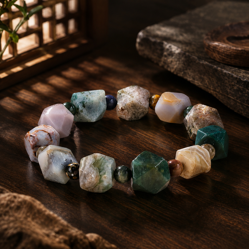 Natural Ocean Chalcedony freeform bead bracelet on dark wood