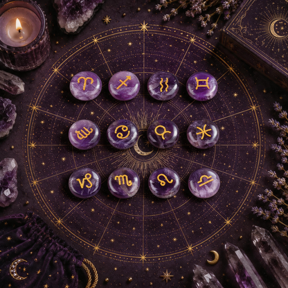 12 zodiac crystal stones set in Amethyst with gold astrology symbols
