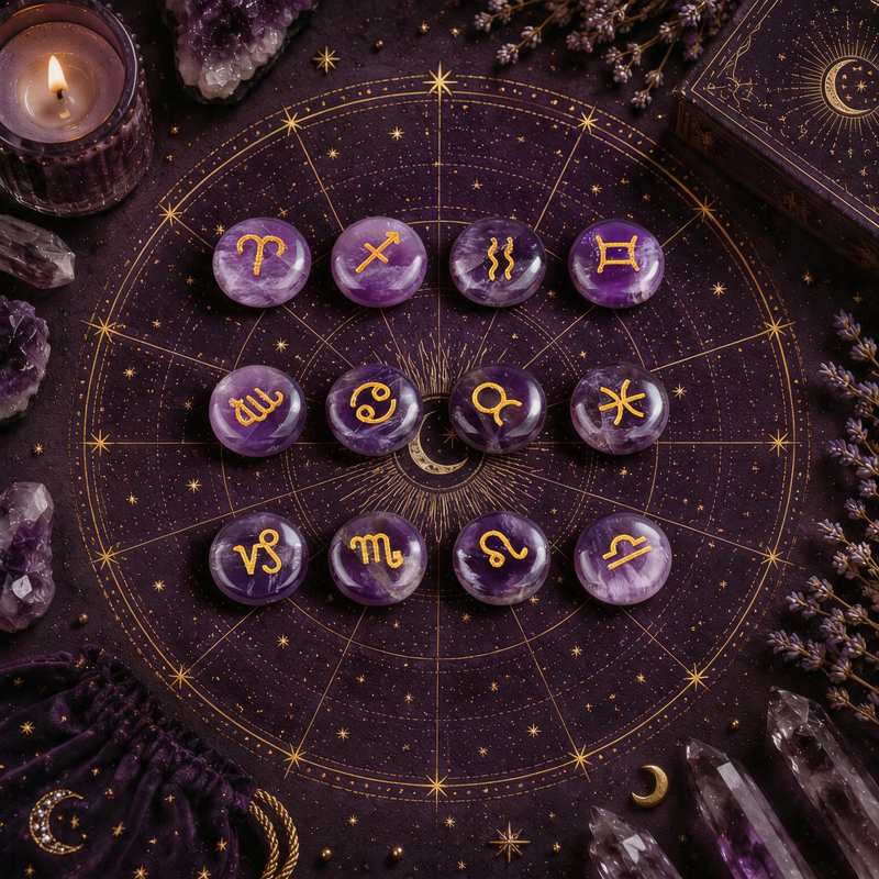 12 zodiac crystal stones set in Amethyst with gold astrology symbols
