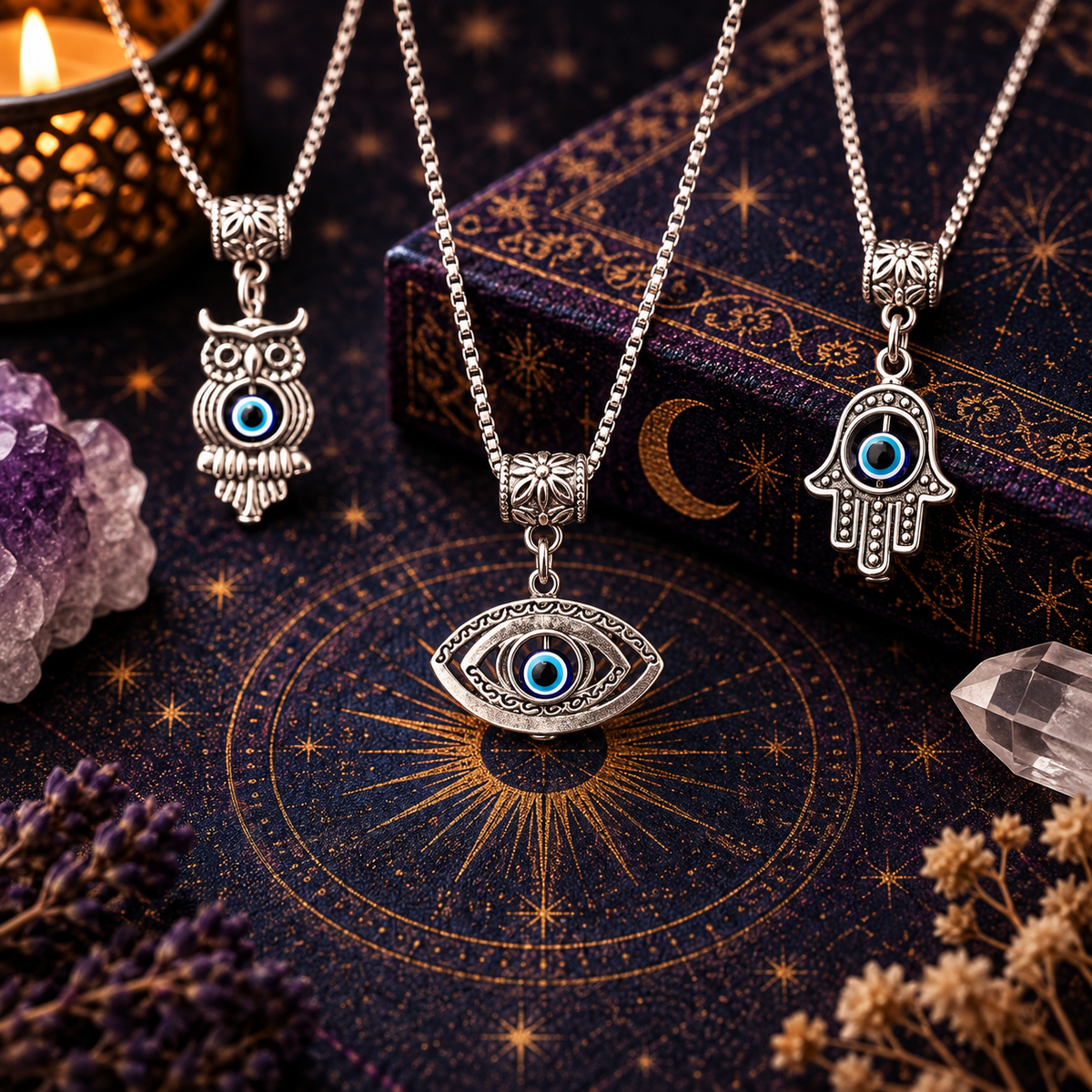 Three evil eye symbol necklaces with Hamsa, owl and mystical pendants