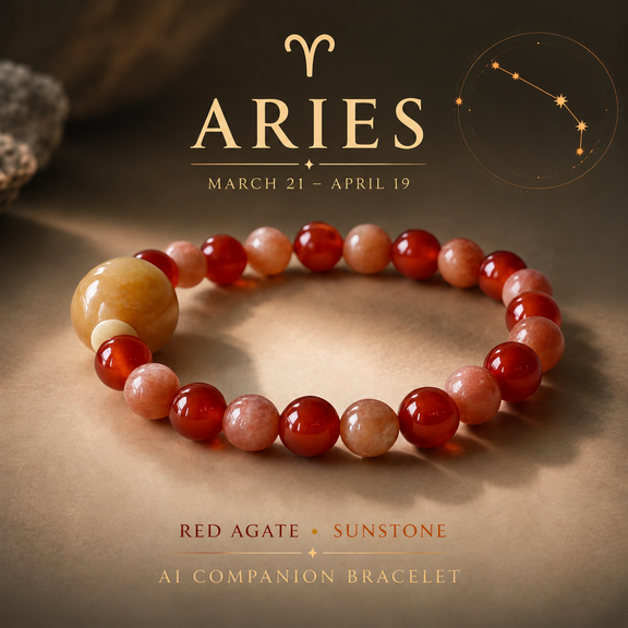 Aries zodiac crystal bracelet with Red Agate and Sunstone AI Companion Core