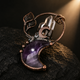 Natural amethyst crescent moon celestial pendant with botanical details