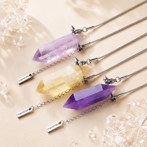 Natural double point crystal necklaces in Amethyst, Citrine and Brazilian Amethyst with titanium steel chains