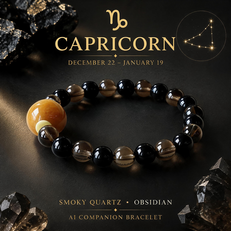 Capricorn zodiac crystal bracelet with Smoky Quartz and Obsidian AI Companion Core