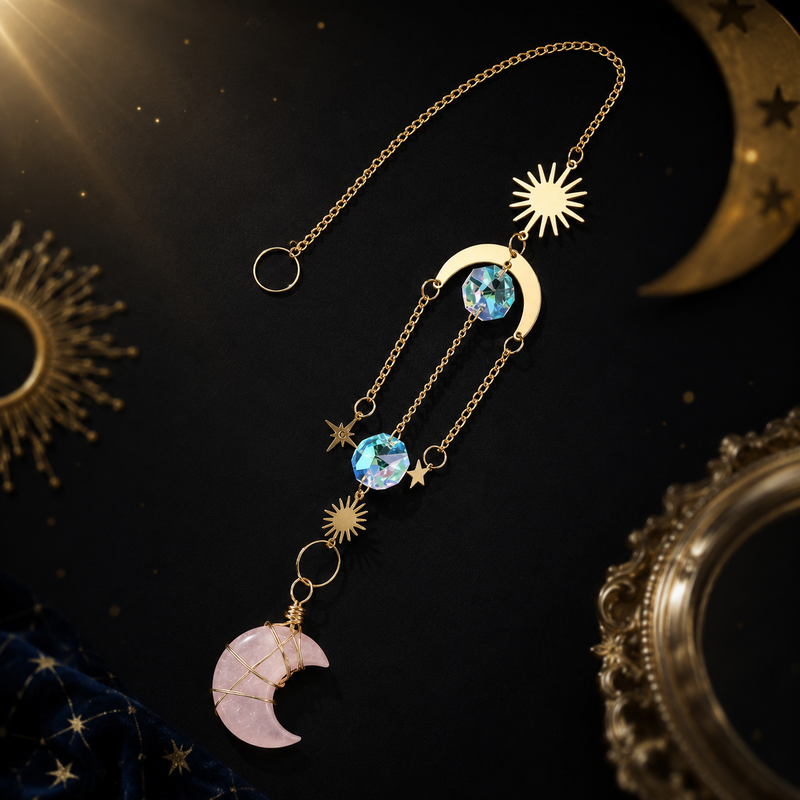 Celestial sun moon and star ornament with Rose Quartz crescent pendant
