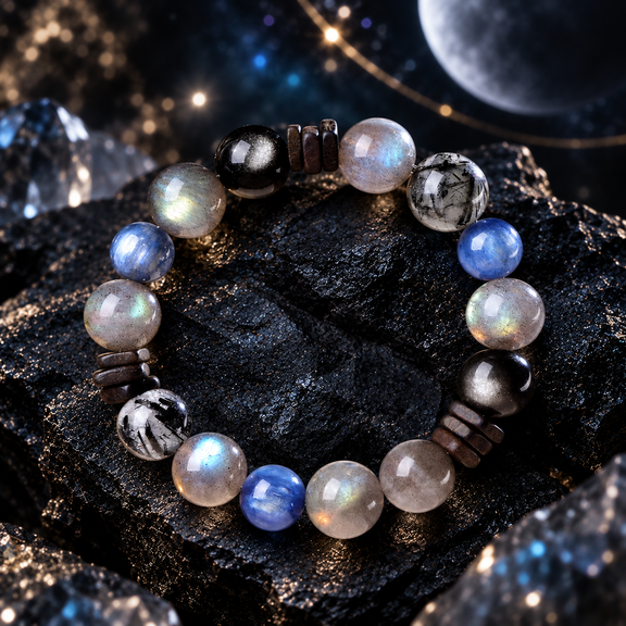 Gray Moonstone bracelet with Kyanite, Silver Sheen Obsidian and Black Rutilated Quartz