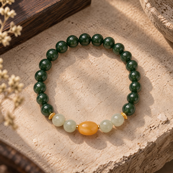 Natural Green Nephrite Jade, Hetian Jade and Amber beaded bracelet