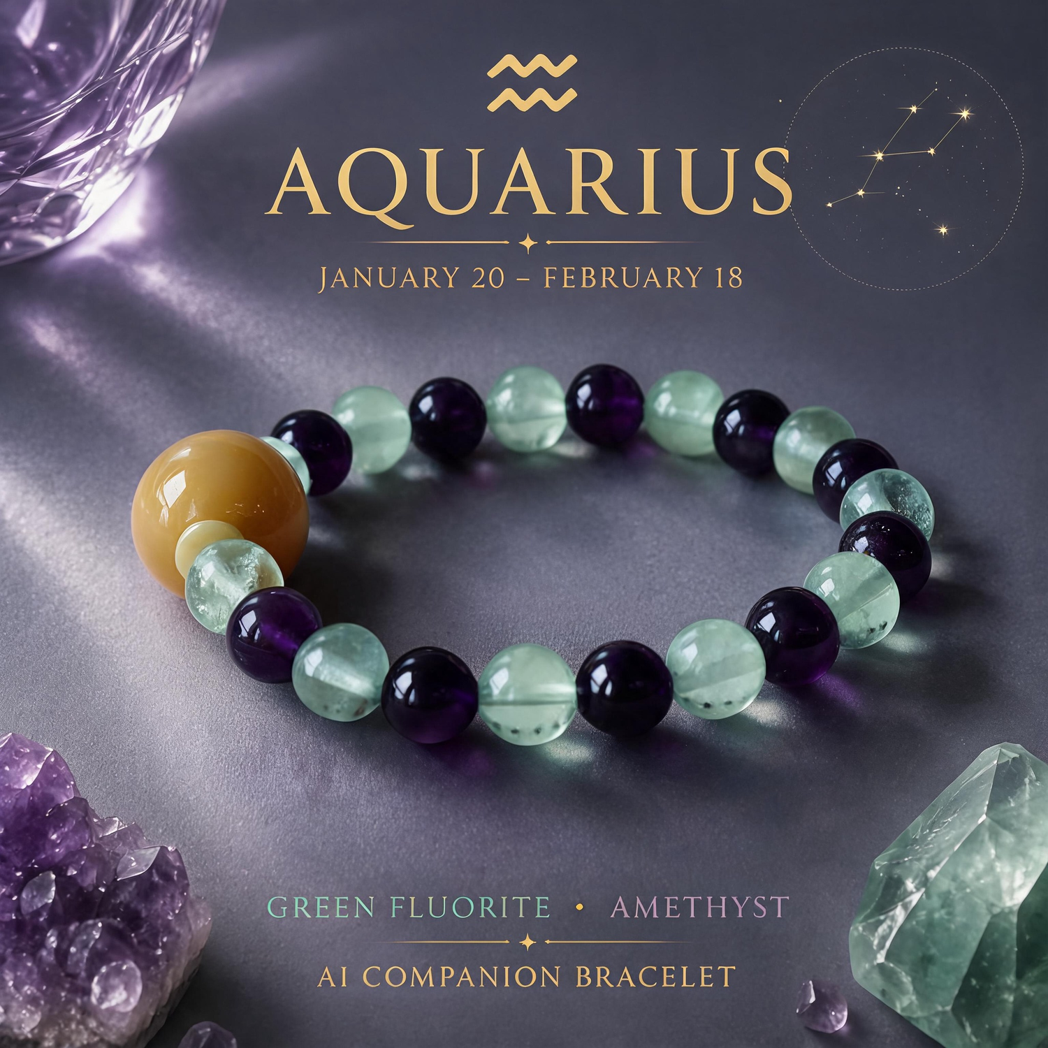 Aquarius zodiac crystal bracelet with Green Fluorite and Amethyst AI Companion Core