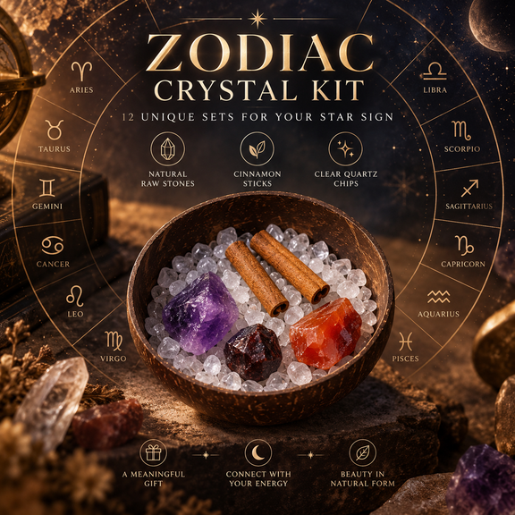 Zodiac Crystal Cleansing Kit with natural stones, clear quartz chips, cinnamon sticks and coconut shell bowl