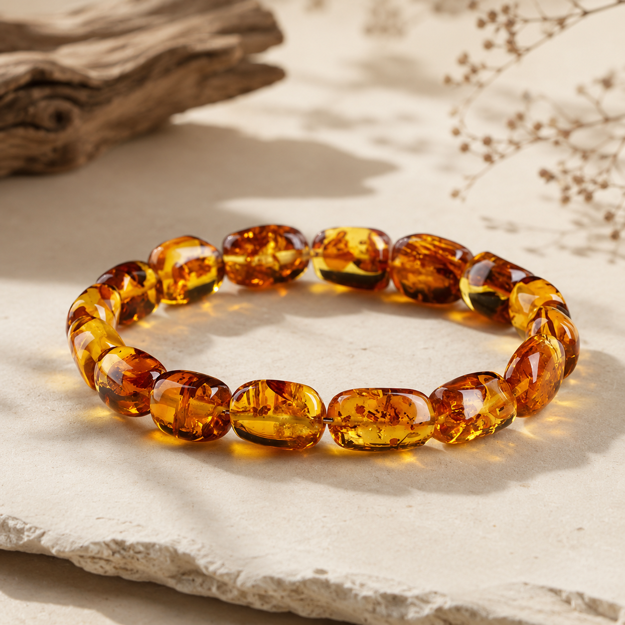 Amber bracelet with polished freeform beads in warm honey-gold and cognac tones