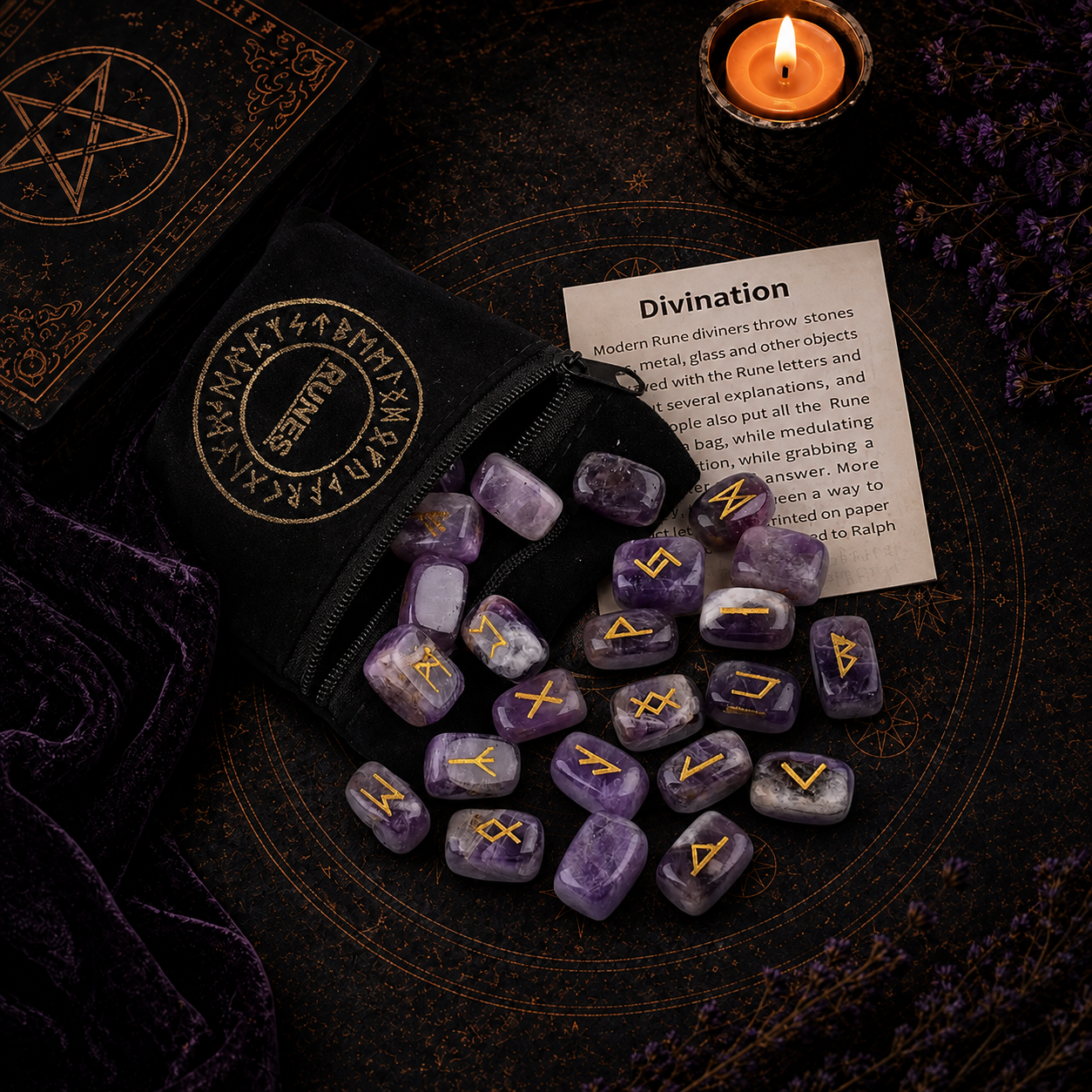 Natural crystal rune stones set for divination with engraved symbols, rune pouch and guide card