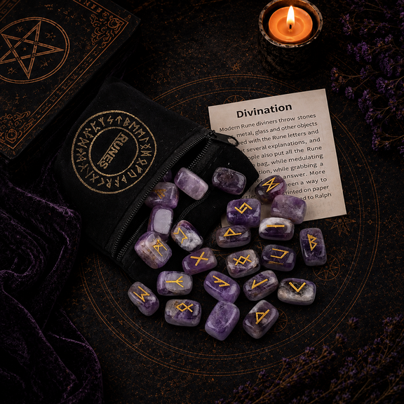 Natural crystal rune stones set for divination with engraved symbols, rune pouch and guide card