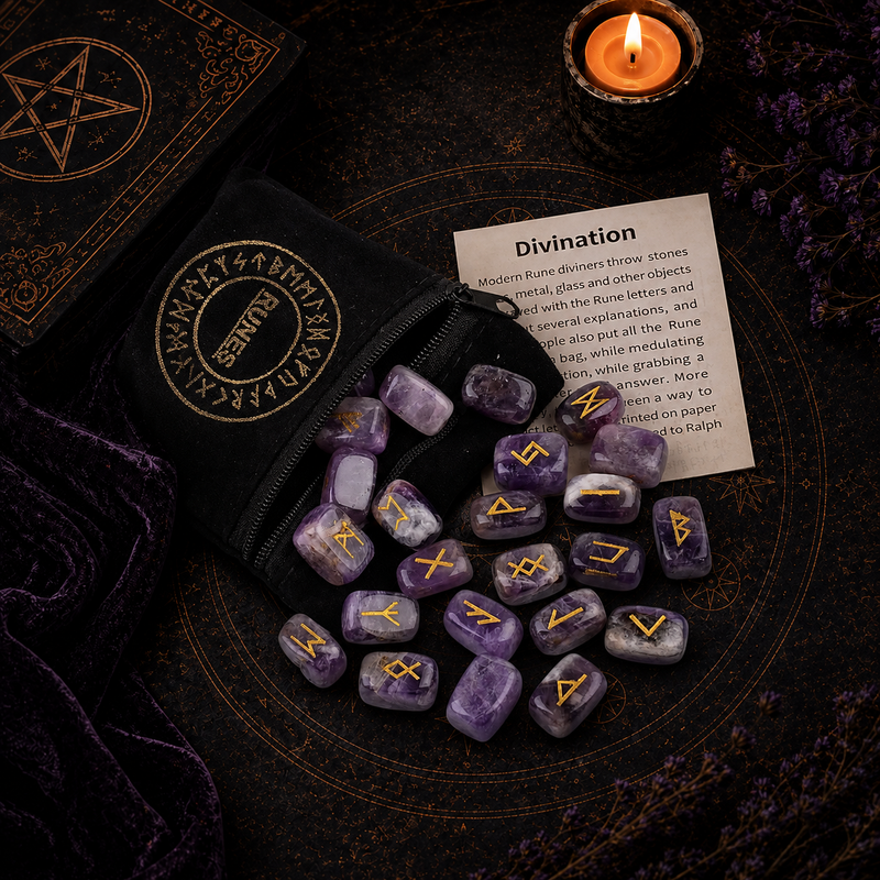Natural crystal rune stones set for divination with engraved symbols, rune pouch and guide card