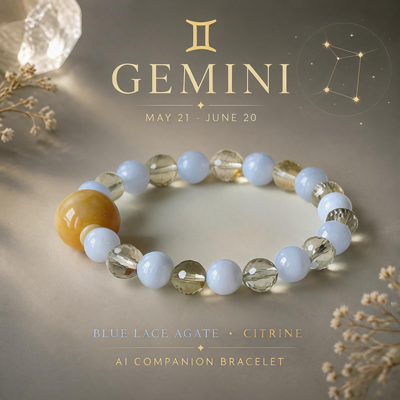 Gemini zodiac crystal bracelet with Blue Lace Agate and Faceted Citrine AI Companion Core
