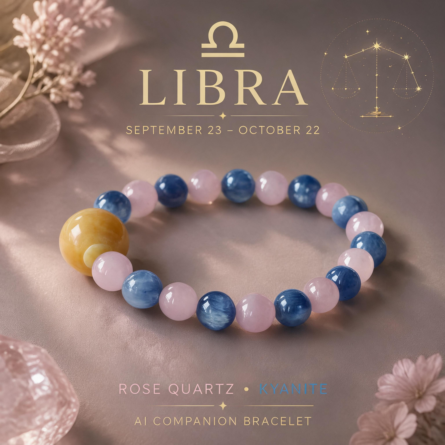 Libra zodiac crystal bracelet with Rose Quartz and Kyanite AI Companion Core