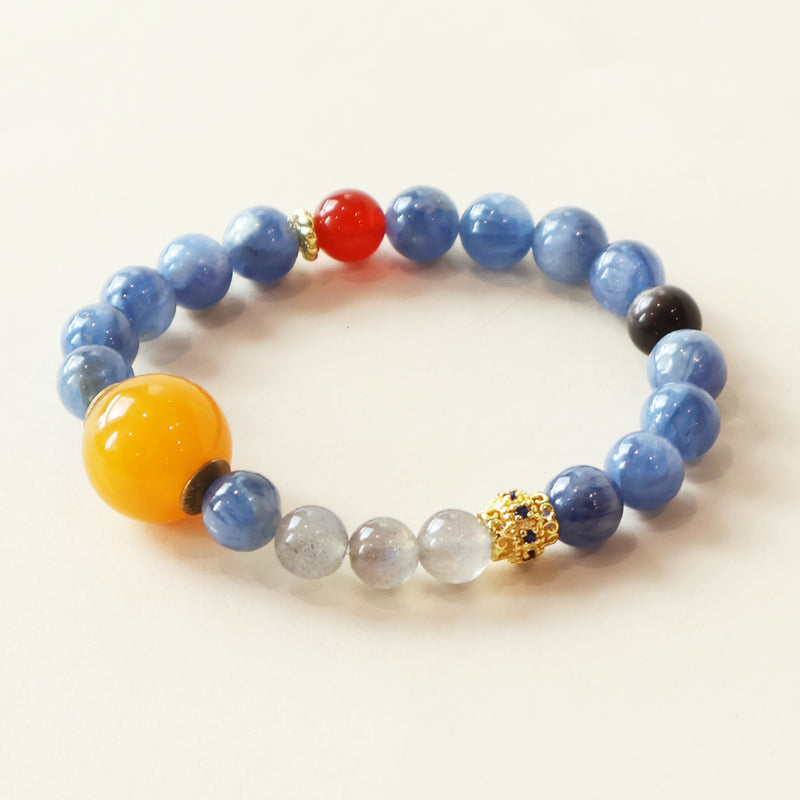 Stellar Flow 8mm Kyanite Moonstone Red Agate Silver Obsidian Crystal Bracelet with NFC Smart Bead