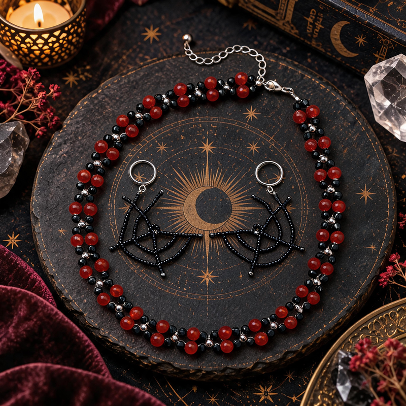 Blood Moon spiderweb jewelry with black spinel earrings and red agate necklace
