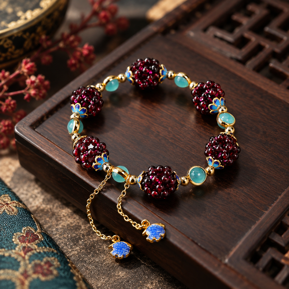 Natural garnet and amazonite gemstone bracelet with cloisonné accents
