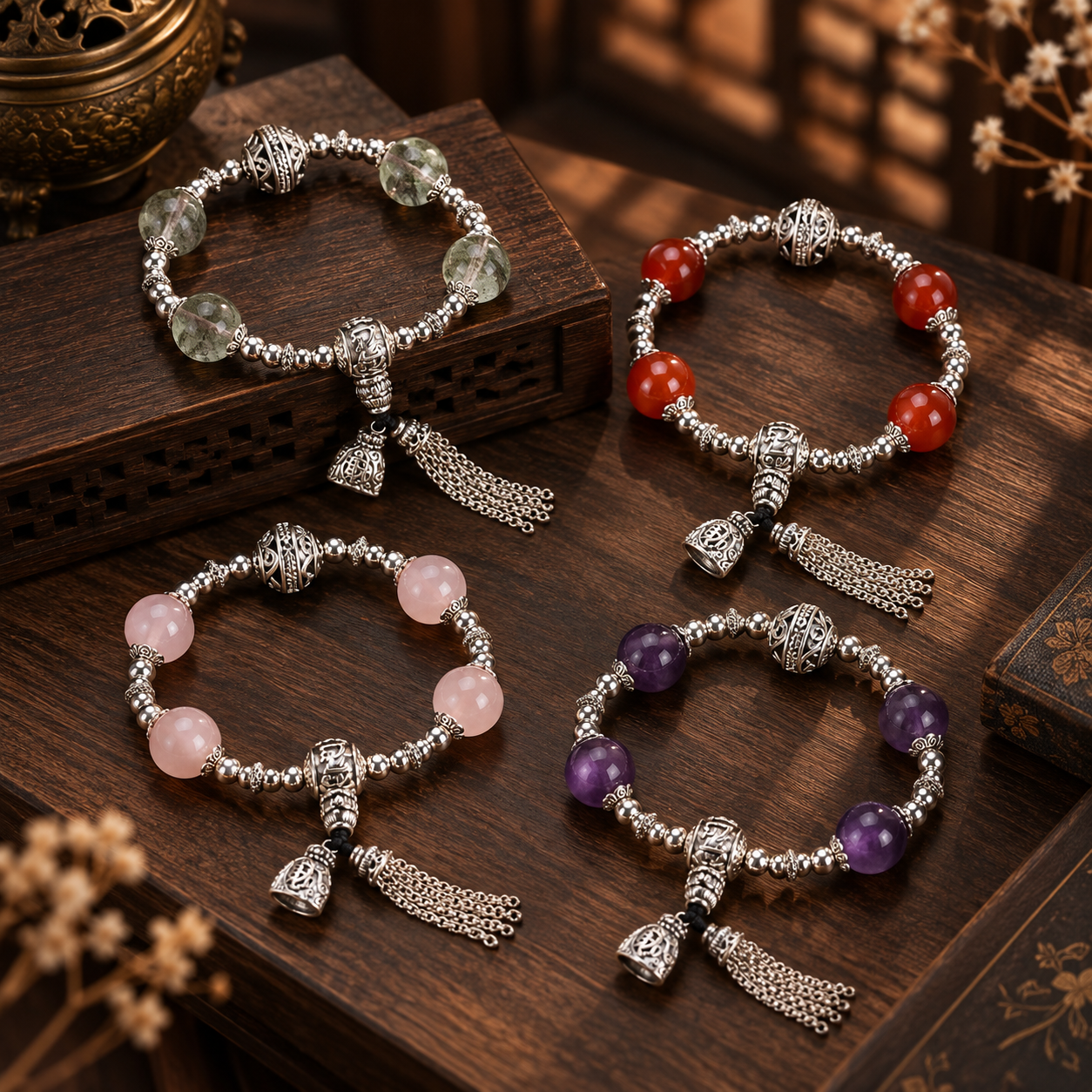 12mm natural gemstone tassel bracelets in four gemstone variations