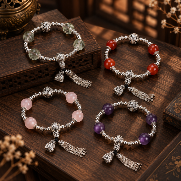 12mm natural gemstone tassel bracelets in four gemstone variations