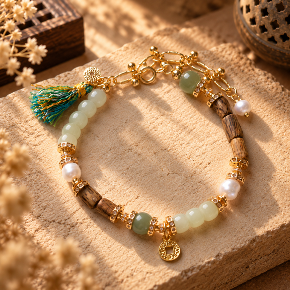 Eastern-inspired Hetian jade, agarwood and pearl beaded bracelet