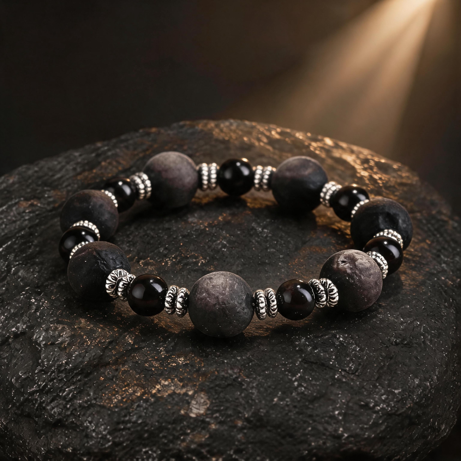 Silver sheen obsidian bracelet with meteorite-inspired textured beads