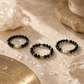 Black spinel and freshwater pearl ring set of three with crystal-inspired styling