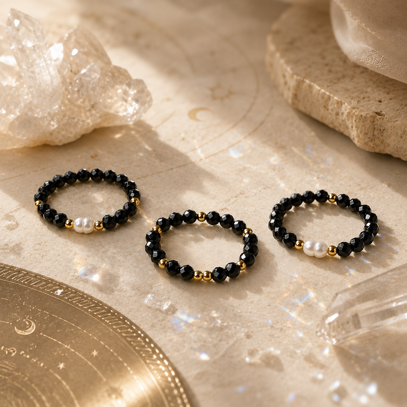 Black spinel and freshwater pearl ring set of three with crystal-inspired styling