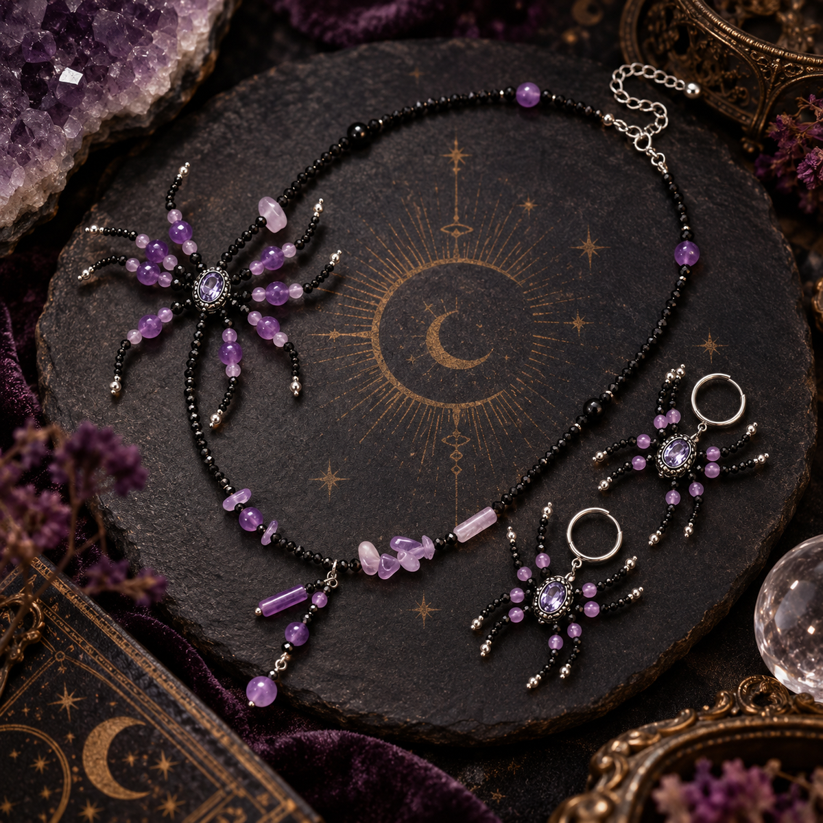 Amethyst and black spinel spider necklace and earrings with Gothic celestial styling