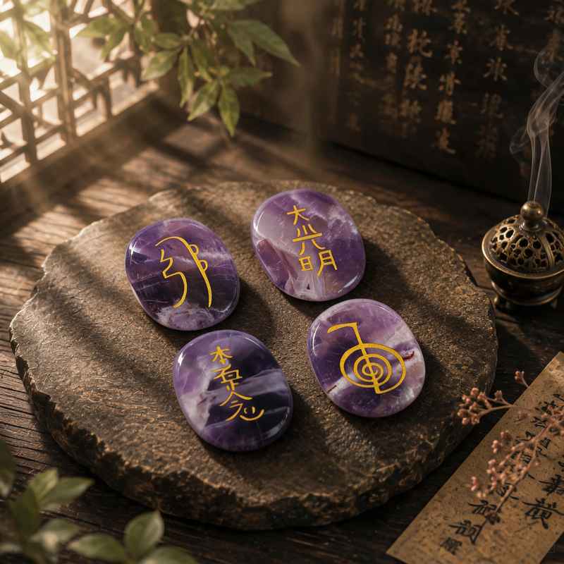 Natural amethyst Reiki symbol stones 4-piece set