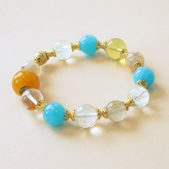 Azure Dawn smart crystal bracelet with natural Amazonite Citrine Clear Quartz Azeztulite and Golden Rutilated Quartz designed with AI companion interaction