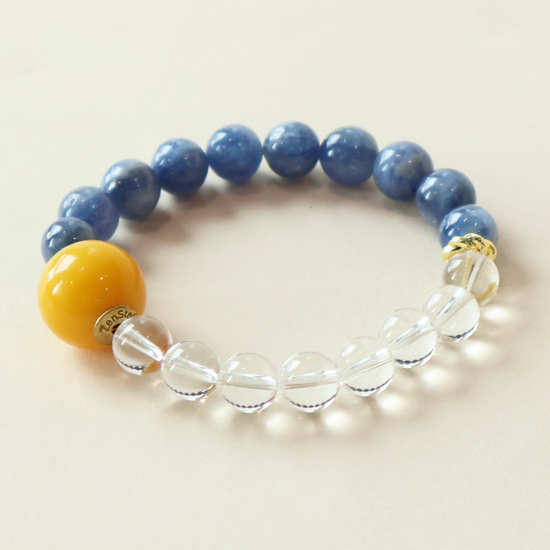 Sky Clarity crystal bracelet crafted with natural Kyanite beads and Clear Quartz in a calming blue and transparent crystal design