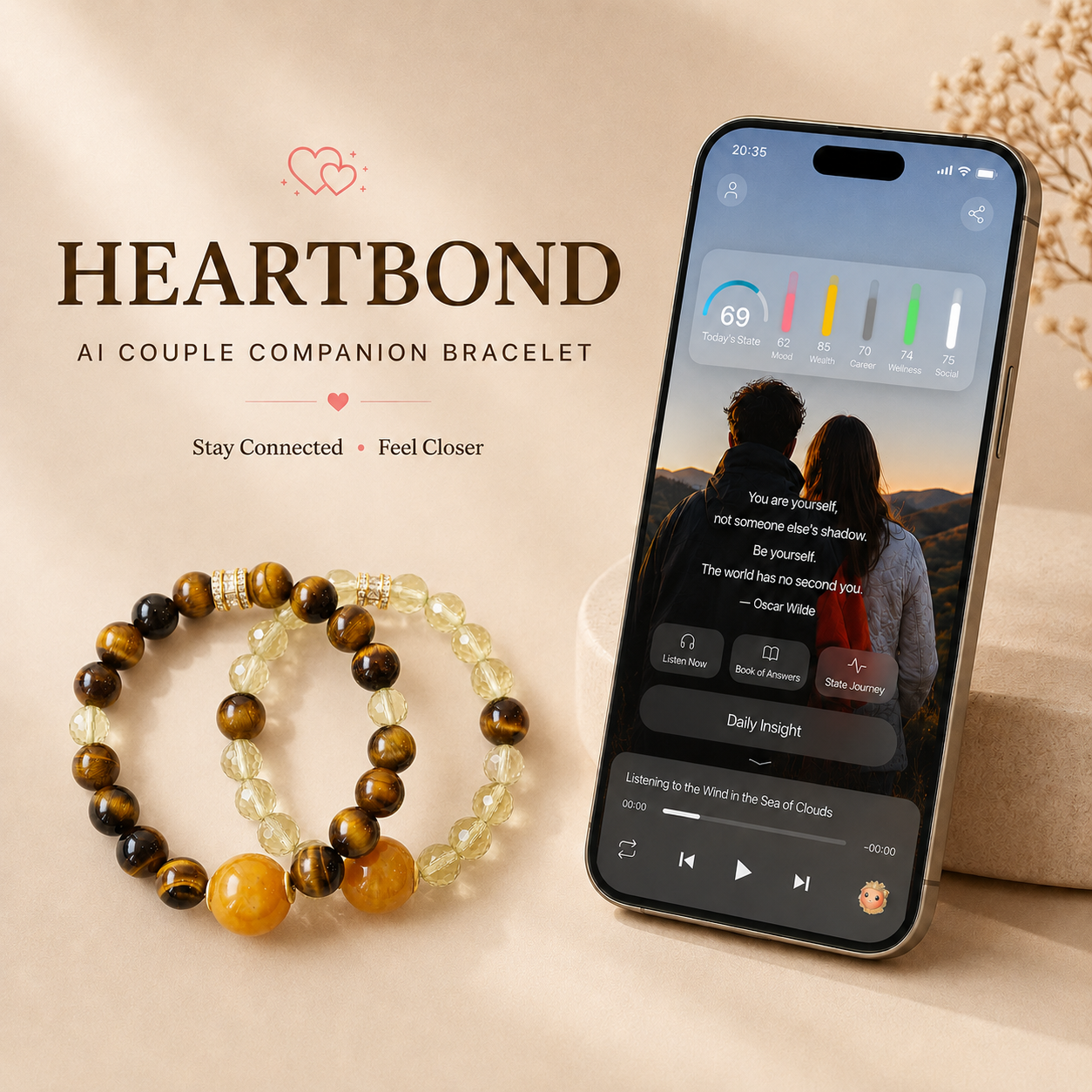 Heartbond AI Couple Companion Bracelet with shared emotional connection and daily insight features