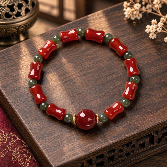Red agate and Hetian jade good fortune beaded bracelet