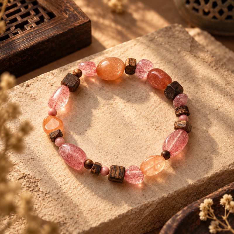 Natural Strawberry Quartz, Sunstone and Agarwood freeform bead bracelet