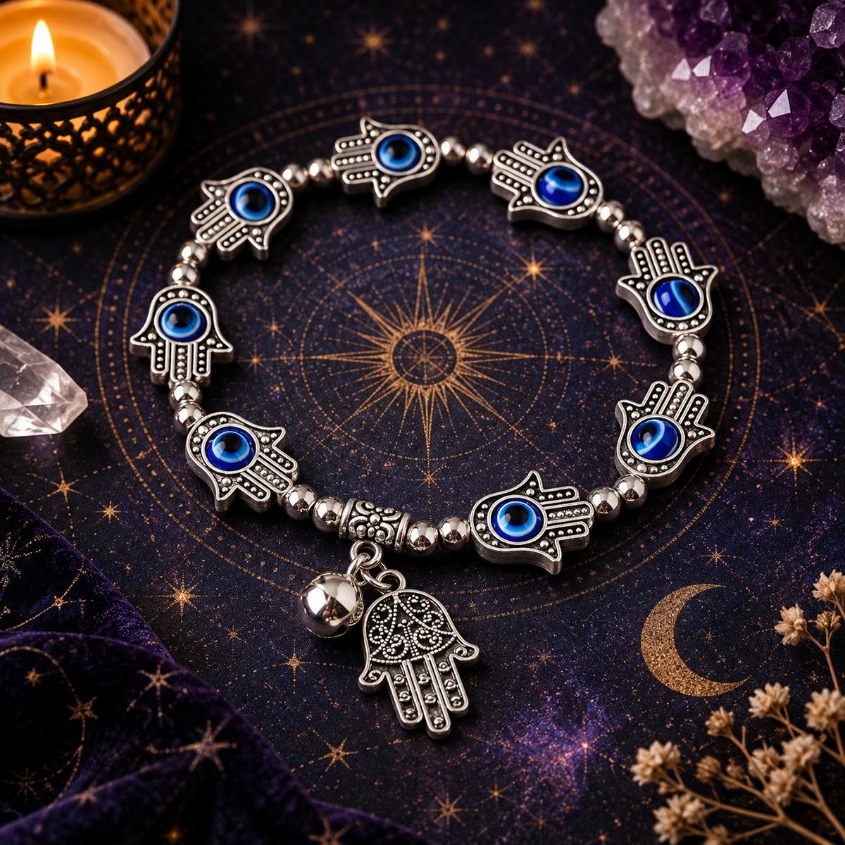 Hamsa hand bracelet featuring blue evil eye symbols and silver-tone details