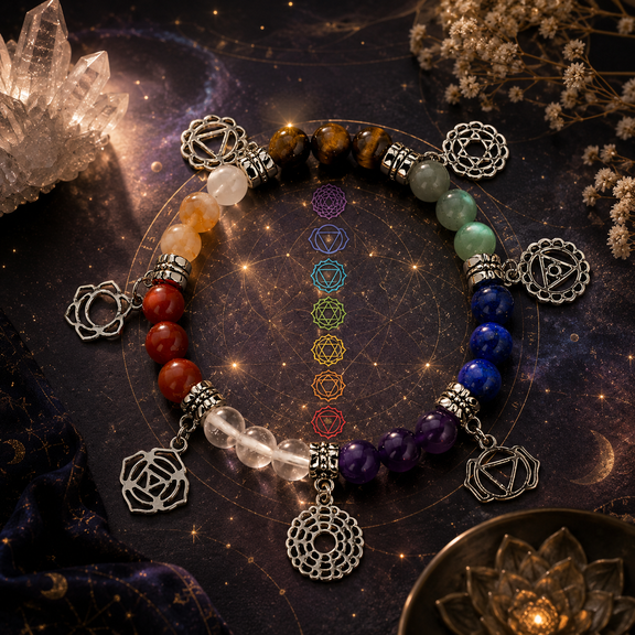 7 chakra bracelet with natural gemstone beads and silver chakra charms