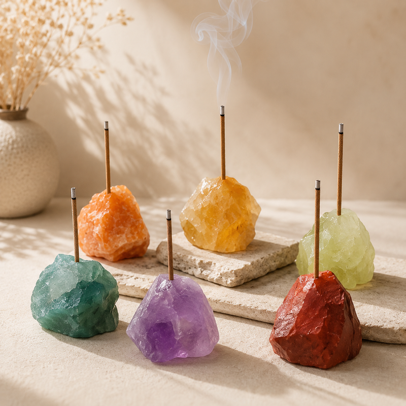 Natural raw crystal incense holders in assorted gemstones