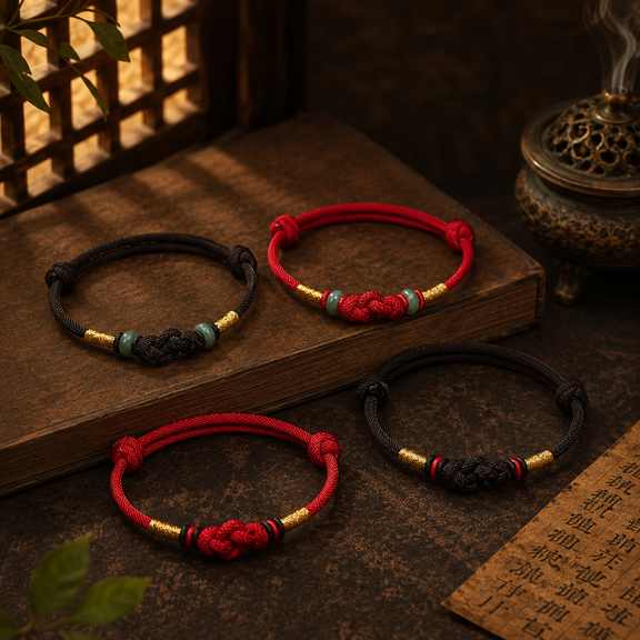 Four Eastern Harmony Ruyi knot bracelets in red and dark brown with jade and classic cord styles