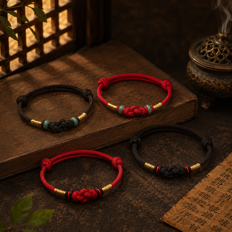 Four Eastern Harmony Ruyi knot bracelets in red and dark brown with jade and classic cord styles
