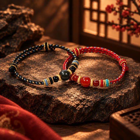 Red Agate and Black Obsidian braided couple bracelets