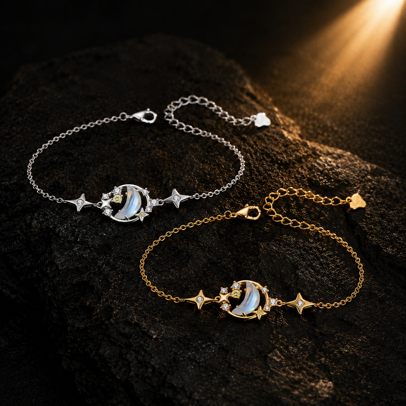 Moonstone crescent moon celestial bracelet in silver and gold