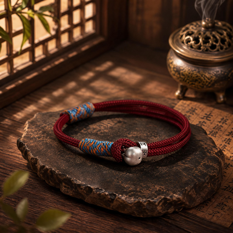 Persimmon Wish red cord bracelet with silver-plated copper charm in Eastern-inspired setting