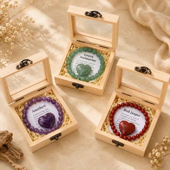 Natural crystal bracelet gift sets with gemstone hearts and wooden boxes