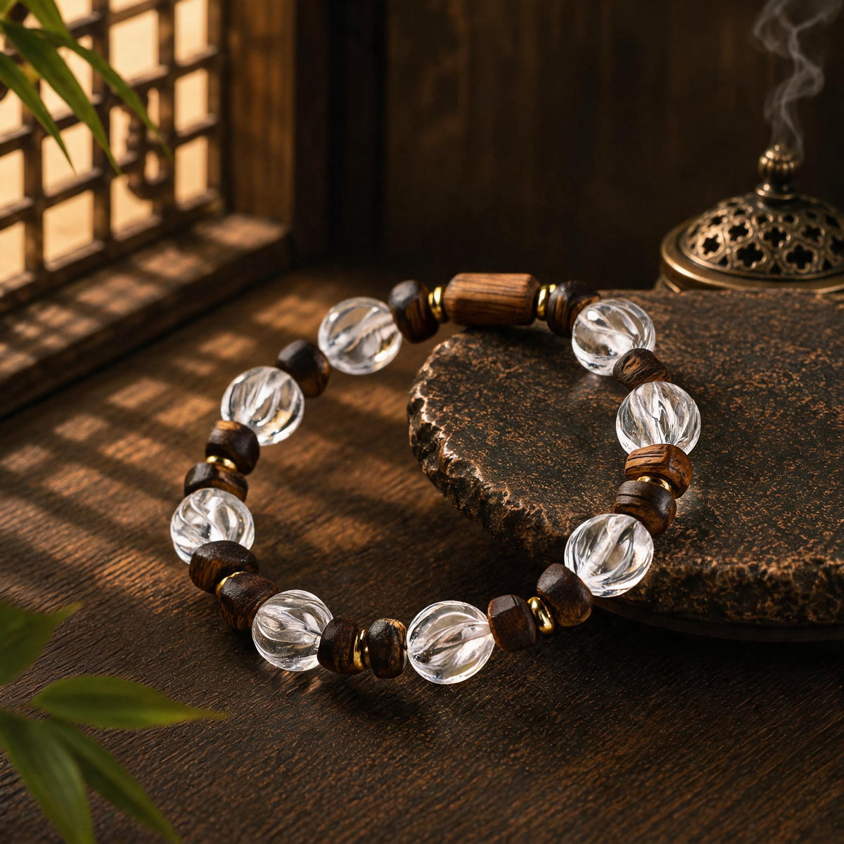Clear quartz and agarwood bracelet with carved crystal beads and natural wood accents